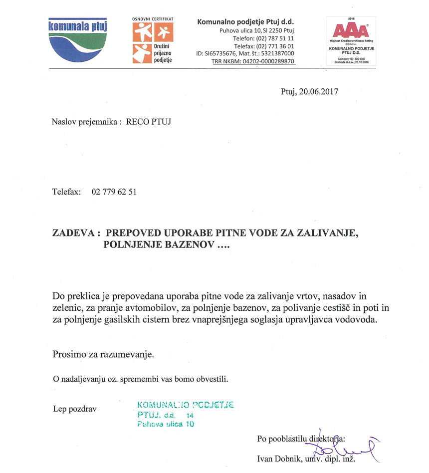Prepoved uporabe pitne vode za zalivanje, polnjenje bazenov,...